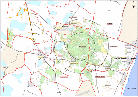 1 Approximate map of Auroville and the surrounding areas. In green are all the lands owned by Auroville. In the inner circle, the city area, most lands are owned by Auroville, but this is not the case in the outer circle, the Greenbelt