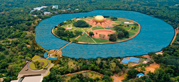 Scale visualisation of the Matrimandir and its Gardens, surrounded by the Lake and connected by a bridge originating from the Reception Pavilion