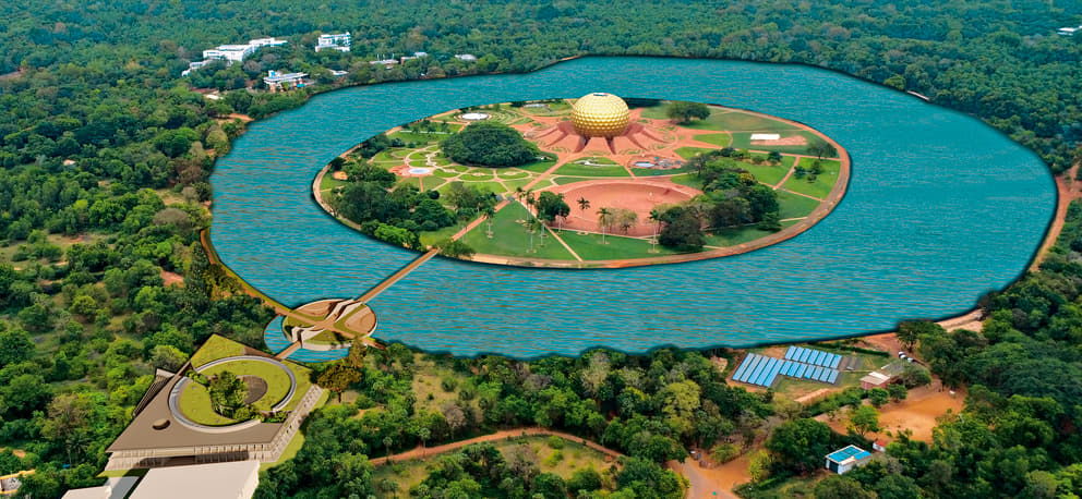Scale visualisation of the Matrimandir and its Gardens, surrounded by the Lake and connected by a bridge originating from the Reception Pavilion
