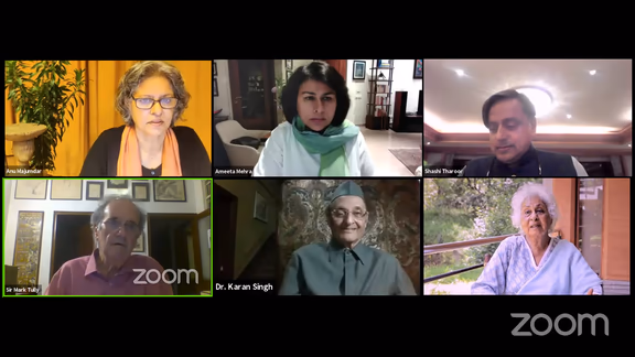 1 The webinar participants. From left, top row, Anu Majumdar (convener); Ameeta Meera and Sashi Taroor. Below: Sir Mark Tully, Dr