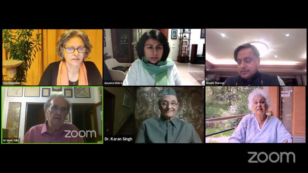 1 The webinar participants. From left, top row, Anu Majumdar (convener); Ameeta Meera and Sashi Taroor. Below: Sir Mark Tully, Dr