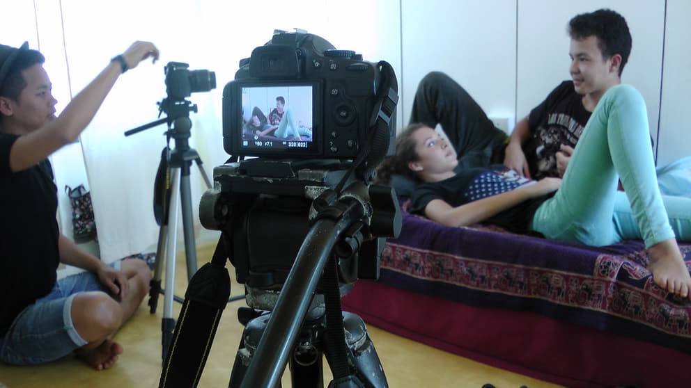 Students film-making. From left Londen, Gaia and Tenzin