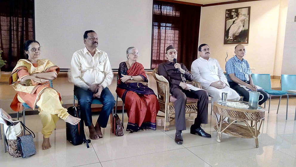 From left: Dr. Nirima Oza, Prof. Sachindananda Mohanty , Dr. Prema Nandakumar, Chairman Dr. Karan Singh, Dr. Anirban Ganguly and Auroville Foundation Secretary Mr
