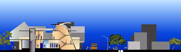 Cross-section of the Crown Road, including adjacent buildings with covered walkways, green reserve and cycle paths under which infrastructure services will be laid