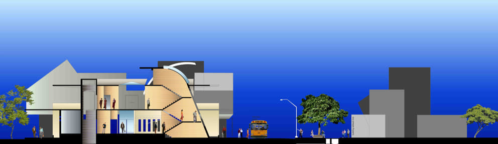 Cross-section of the Crown Road, including adjacent buildings with covered walkways, green reserve and cycle paths under which infrastructure services will be laid