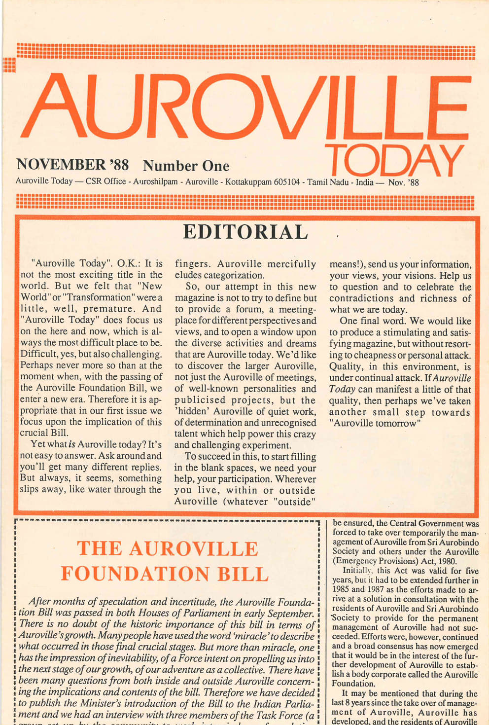 AurovilleToday First Publication