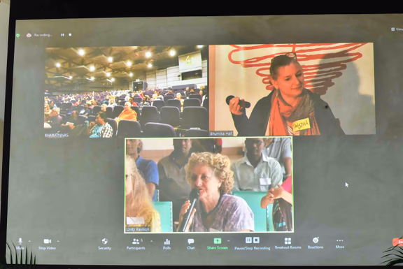 The happenings at each of the three venues could be viewed at each venue simultaneously. Top: The Bharat Nivas auditorium (left); a participant in the Bhumika hall making a presentation