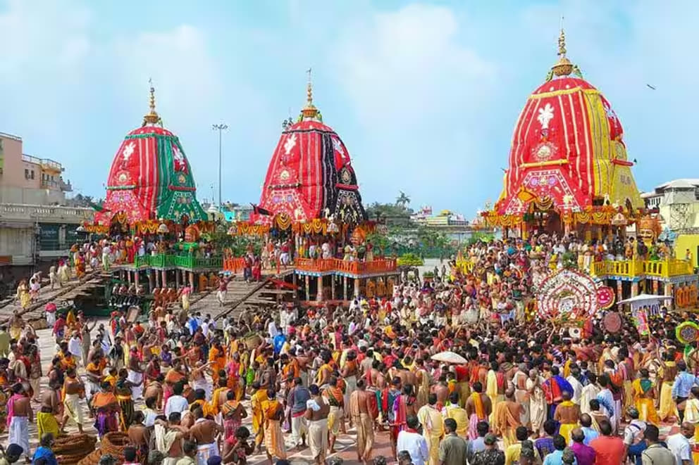 The three colorful chariots that carry the idol of Jagannatha, his sister Subhadra and his brother Balabhadra, at the Ratha Yatra festival, Puri