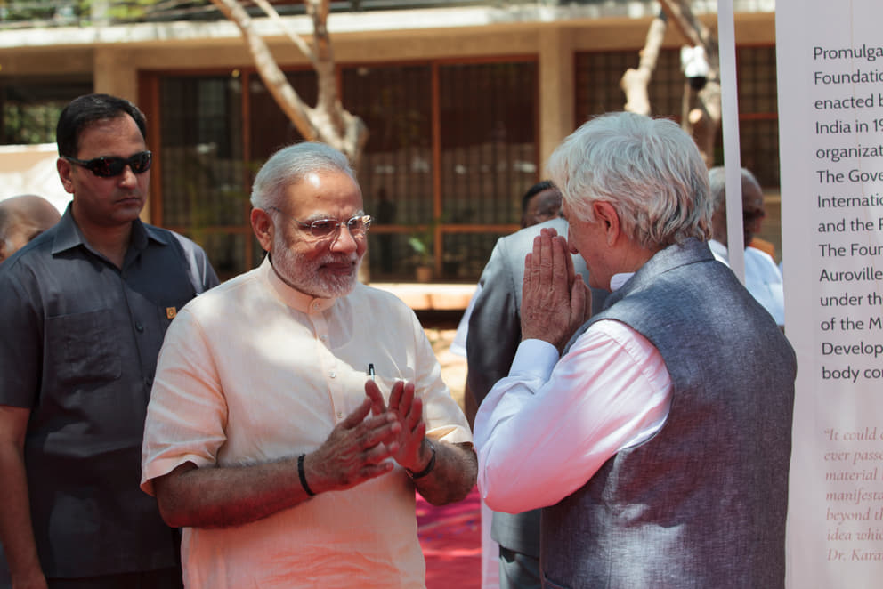 Prime Minister Narendra Modi greets Claude Arpi, Febraury 2018