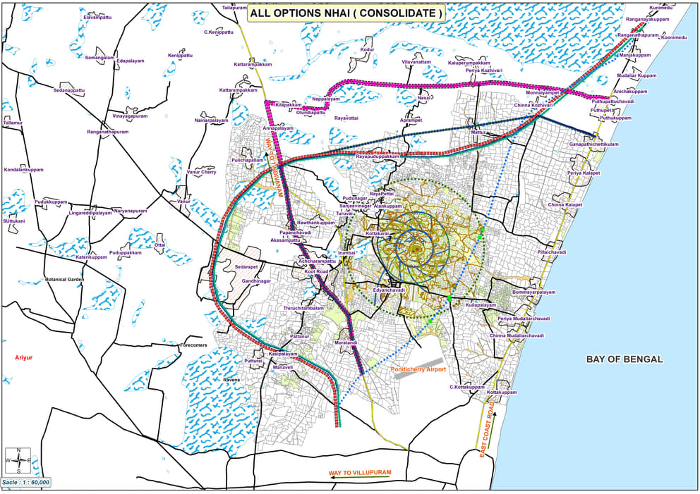 Map showing the new highway through the Auroville Greenbelt (in blue dots) as originally routed and the four bypasses proposed by Auroville: along National Highway 66, and then reaching the East Coast Road along an existing road (in pink)
