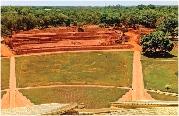 The Test Pond excavation as seen from the top of Matrimandir September, 2020