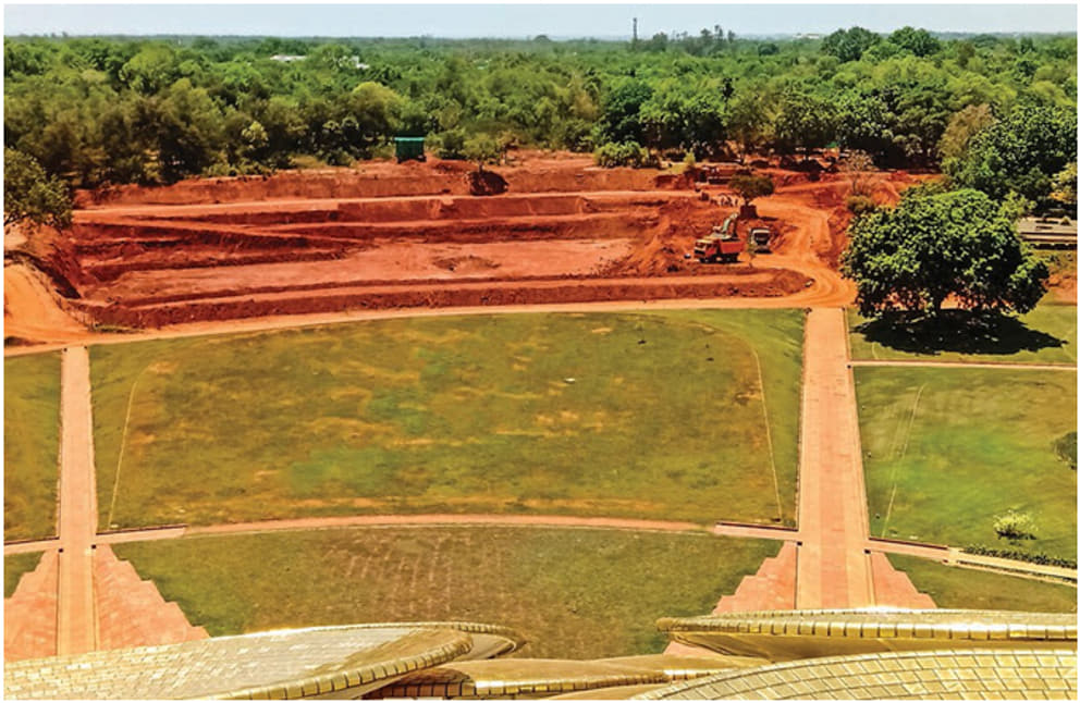 The Test Pond excavation as seen from the top of Matrimandir September, 2020