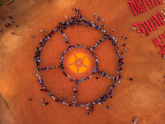 Drone shot of community gathering