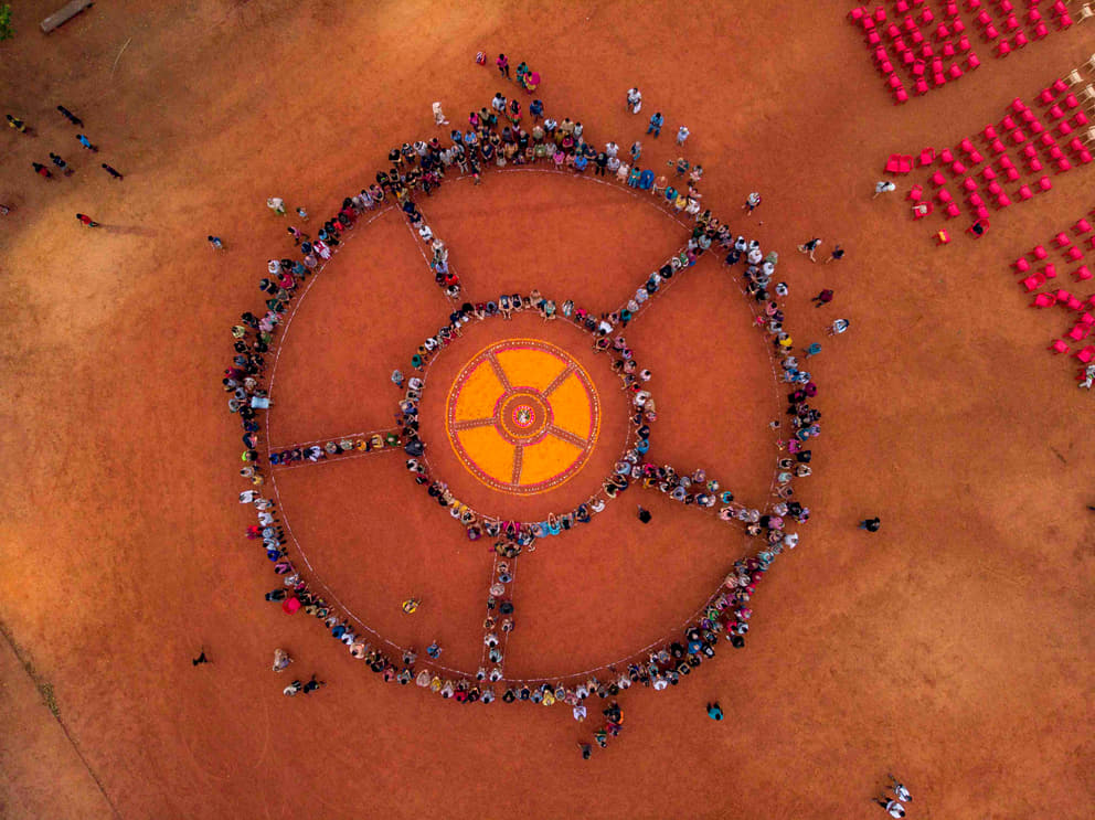Drone shot of community gathering
