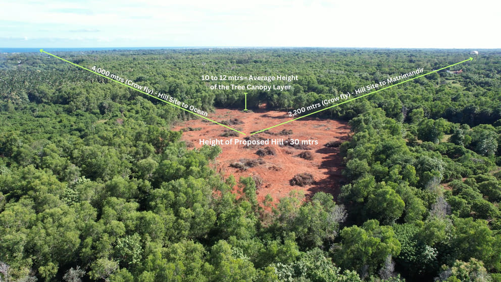 The cleared forest area intended for the hill. “The hill, in providing a wonderful viewpoint of both the Matrimandir and the sea, will encourage real estate speculation and the growth of tourist facilities in  the area