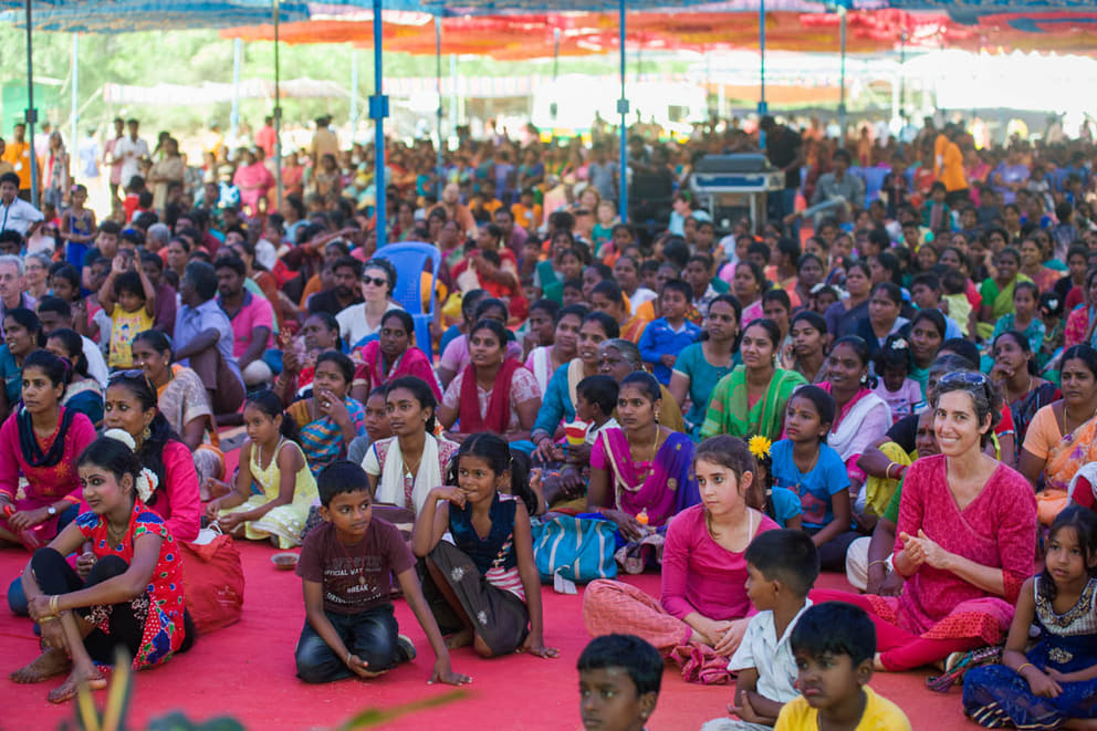 Employees, children and Aurovilians at Auroville Sangamam, 2018