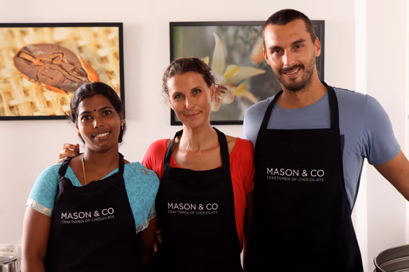 From left: Chief chocolate maker Saraswathy, Jane and Fabien