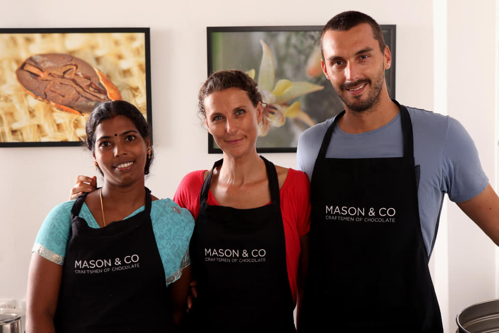 From left: Chief chocolate maker Saraswathy, Jane and Fabien