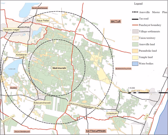 Approximate map of Auroville and the surrounding areas. In green are all the lands owned by Auroville. In the inner circle, the city area, most lands are owned by Auroville, but this is not the case in the outer circle, the Greenbelt