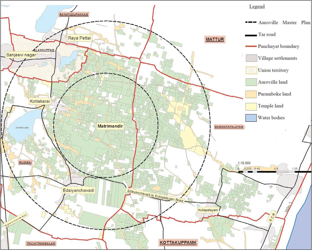 Approximate map of Auroville and the surrounding areas. In green are all the lands owned by Auroville. In the inner circle, the city area, most lands are owned by Auroville, but this is not the case in the outer circle, the Greenbelt