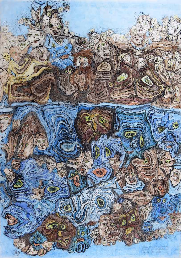 Plaster print with oil colour on Chinese paper from a rotten palace wall, worked out with colour pencils