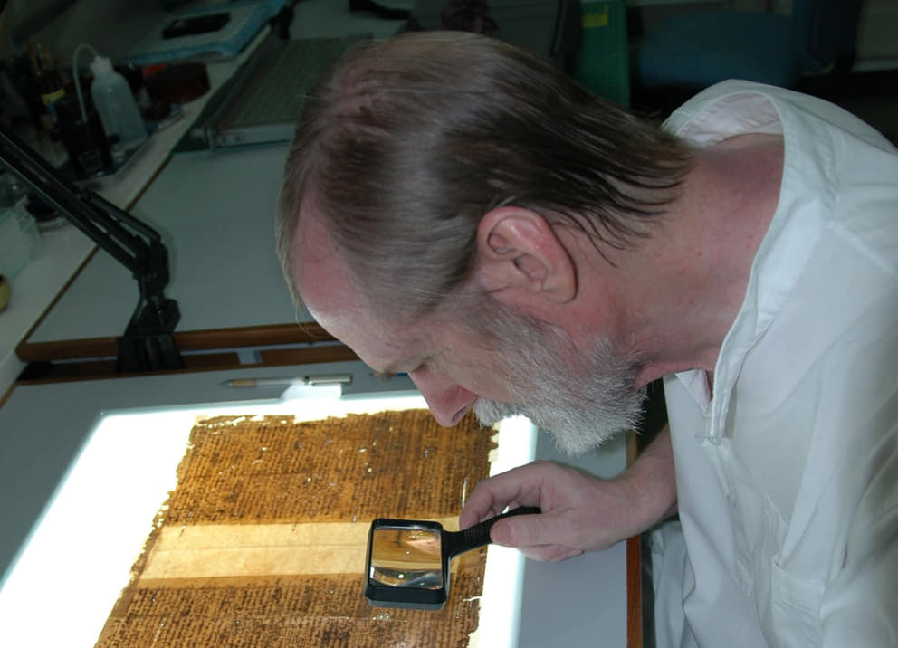 1 Richard deciphering a particularly difficult manuscript of Sri Aurobindo, now published in ‘Vedic and Philological Studies’
