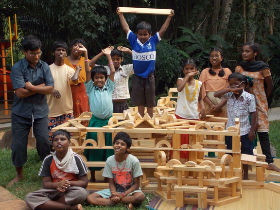 Deepam children with the building blocks they made