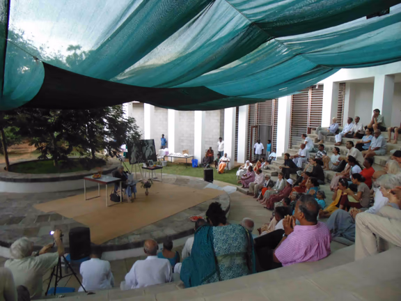 Shraddhavan taking a class at the Savitri Bhavan amphitheatre