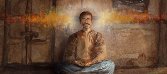 A still from the film Sri Aurobindo and The Earth’s Future showing Sri Aurobindo meditating in the dim, dust-laden storeroom on the first floor of Motilal Roy's house in Chandernagore