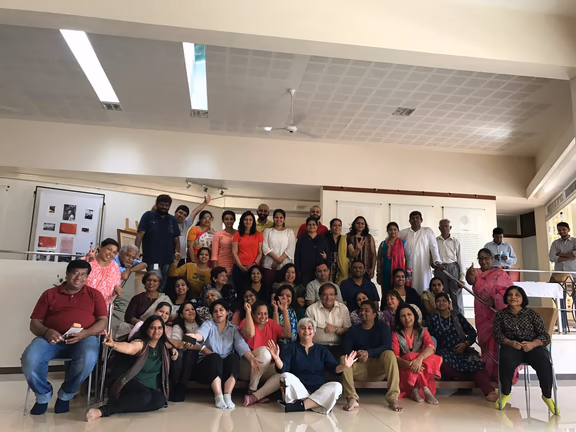 Regression therapists from India updating their technique with their teacher, Yuvraj Kapadia, as well as sharing their understanding with Aurovilians, January 2017, in the Unity Pavilion