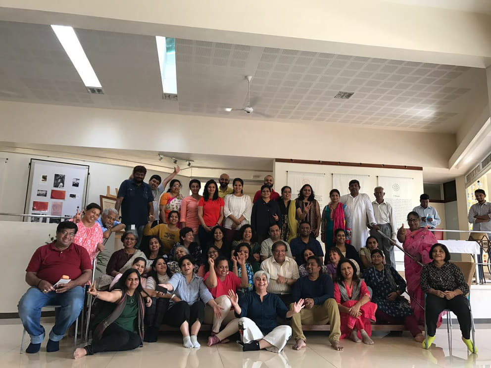 Regression therapists from India updating their technique with their teacher, Yuvraj Kapadia, as well as sharing their understanding with Aurovilians, January 2017, in the Unity Pavilion